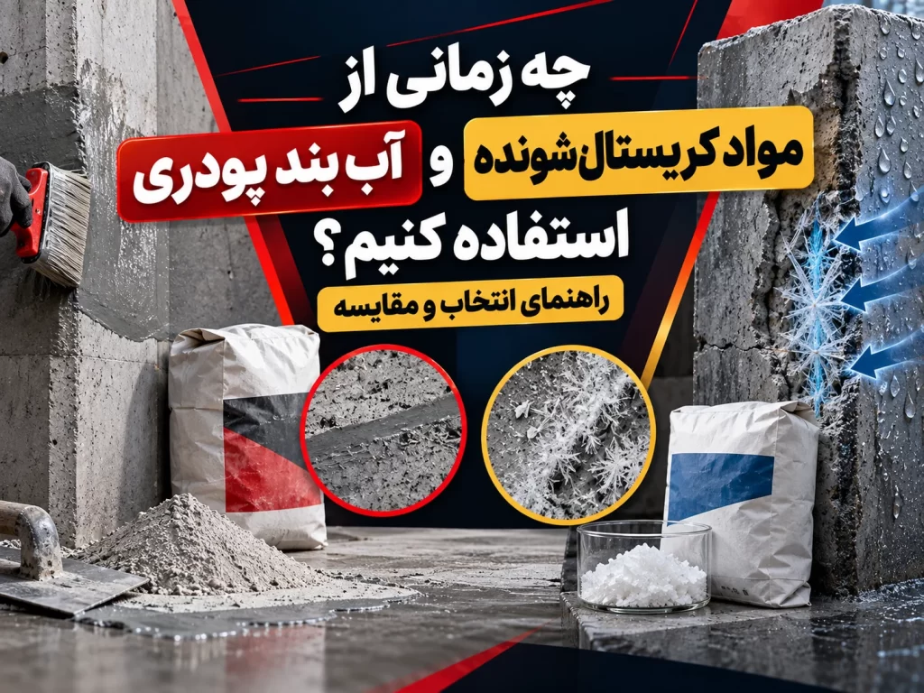 تفاوت آب بند پودری بتن و مواد کریستال شونده چیست؟ مقایسه عملکرد و کاربرد 2 چه زمانی از آب بند پودری و چه زمانی از مواد کریستال شونده استفاده کنیم؟