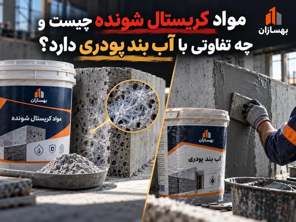 تفاوت آب بند پودری بتن و مواد کریستال شونده چیست؟ مقایسه عملکرد و کاربرد 1 مواد کریستال شونده چیست و چه تفاوتی با آب بند پودری دارد؟