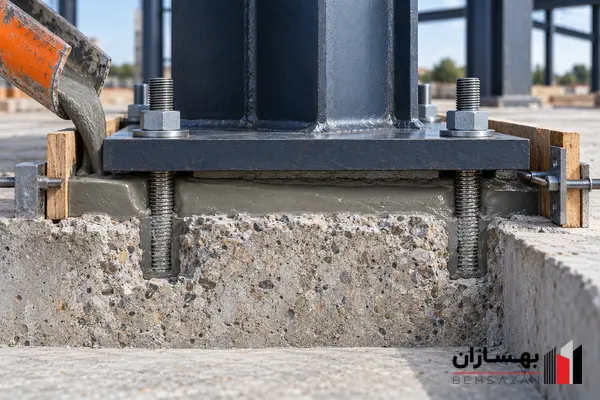 آماده سازی بتن و بیس پلیت پیش از گروت ریزی